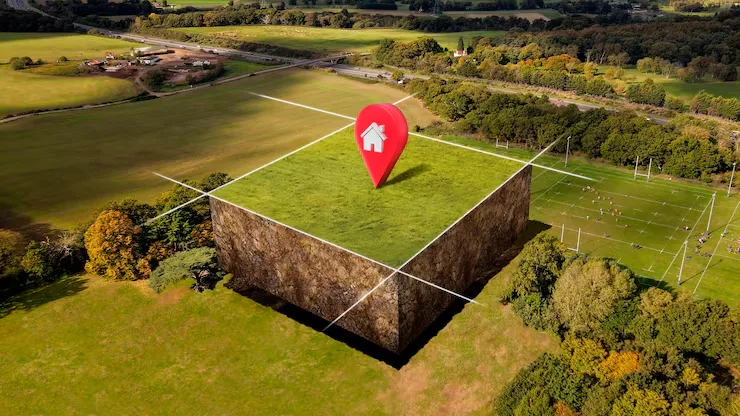 Ilustración de un lote delimitado en el campo con un marcador de ubicación